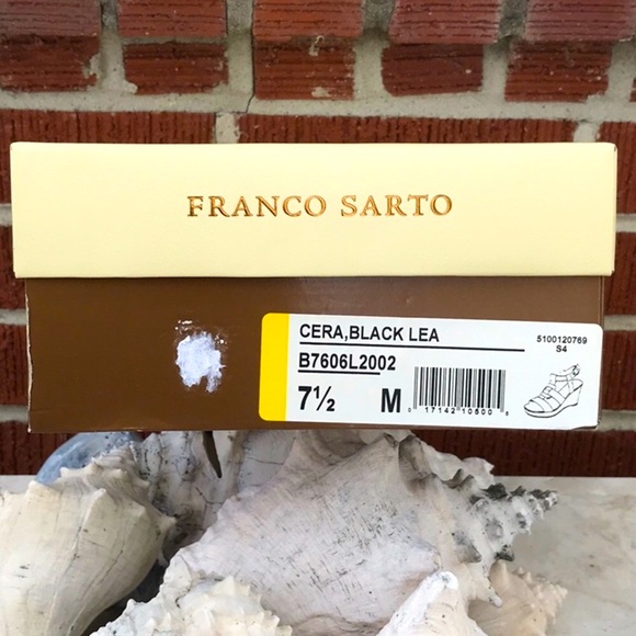 NWT In Original Box Franco Sarto Cera Blk Leather Cork Wedge Sandals Size 7.5 M - Picture 15 of 15